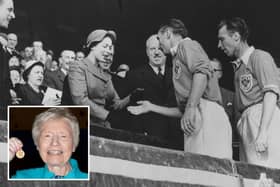 Jean Gough, pictured bottom left, and her father Stanley Matthews receiving his winner's medal from The Queen