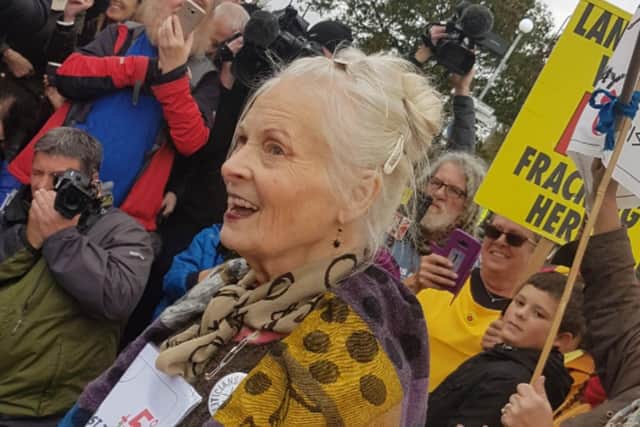 Vivienne Westwood at an anti-fracking protest in Lancashire. Image credit: Jo Catlow-Morris