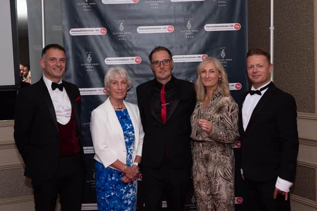 Adam Draper (centre) at the dinner with the Webb family, owners of the Clifton Arms Hotel, from left: Chris Christou, Carol Webb, Karen Christou, Pat Sharples.