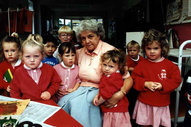 Westmere Kindergarten & Nursery on Vicarage Road. Mavis Bowden with chidren from the nursery which was forced to close