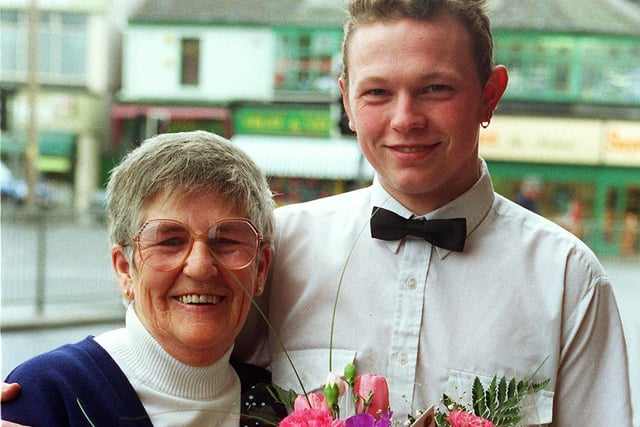 Lucky bingo winner Pamela Headley, scooped £105,000 at the Apollo Bingo Hall in 1997. She is pictured with victory bingo caller Damian Smith presenting her with flowers and the cheque
