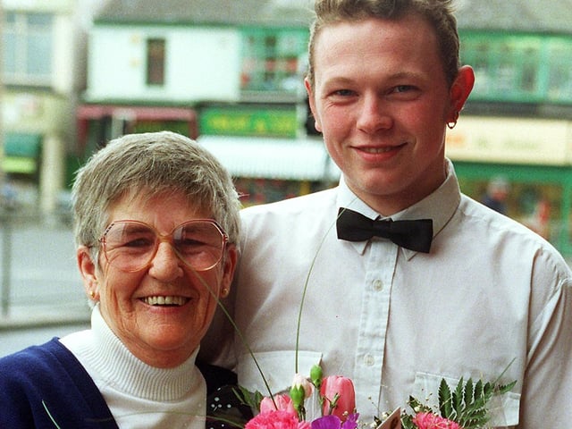 Lucky bingo winner Pamela Headley, scooped £105,000 at the Apollo Bingo Hall in 1997. She is pictured with victory bingo caller Damian Smith presenting her with flowers and the cheque