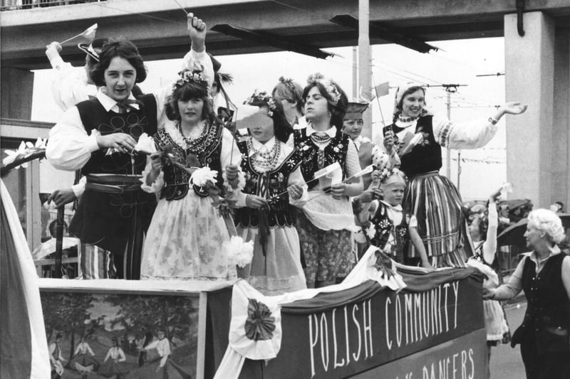 Polish folk dancers provided a colourful display in their national costumes during a procession along the seafront in 1976