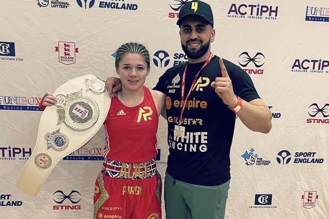 England Boxing Youth Open champion Alice Pumphrey from Blackpool  with head coach Mohamed Amin  Patel of the Purge Academy