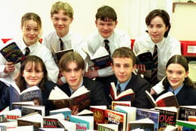 Front from left - Jenny Riley, Stephen Crayston, Peter Lamb and Madeleine Callaghan. Back, from  left (Palatine High School pupils), Susan Gallon, Ian McCartney, Robert Coleman and Louise Smith. The story was about Lancashire Children's Book of the Year Award (reading scheme)