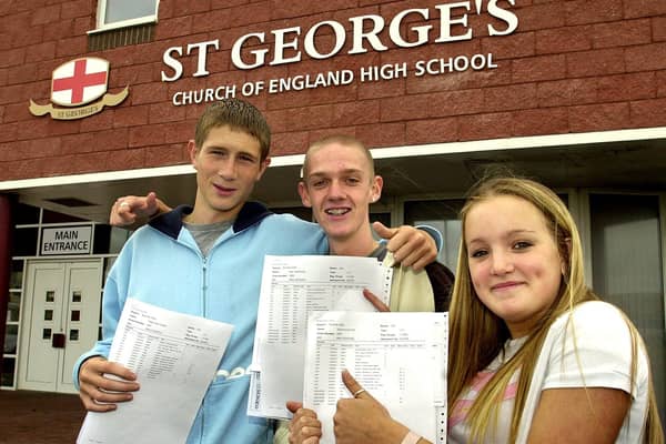 Nicola Holt with Philip Halton (left) and Ben McIrnerney collecting their GCSE results in 2005