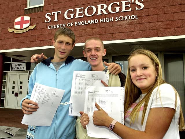 Nicola Holt with Philip Halton (left) and Ben McIrnerney collecting their GCSE results in 2005