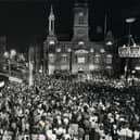 The scene at the switch-on in 1982, picture taken of the crowds from Jenks Bar in Talbot Square