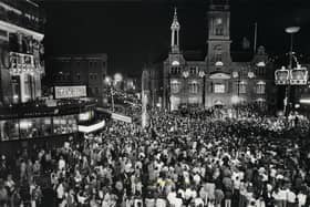 The scene at the switch-on in 1982, picture taken of the crowds from Jenks Bar in Talbot Square