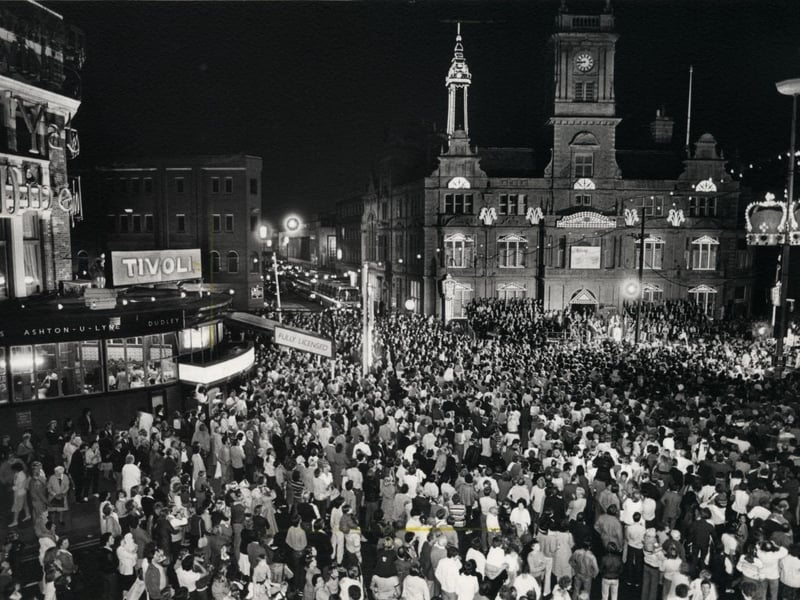 The scene at the switch-on in 1982, picture taken of the crowds from Jenks Bar in Talbot Square