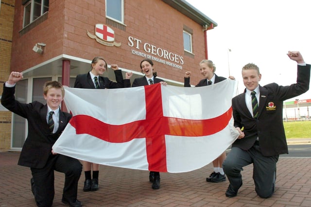 Pupils from St Georges High School preparing for a week of activities to mark St Georges Day. L-R Bryan Stinger, Katie Edwards, Tessa Jones, Mollie Shurmer and Jamie Thomson, 2008