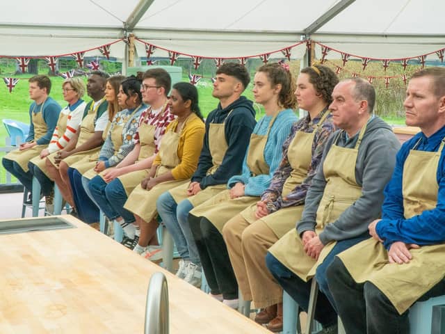 The new bakers in the Great British Bake-Off tent. From left, Josh, Nicky, Amos, Cristy, Dana, Rowan, Saku, Matty, Tasha, Abbi, Keith, Dan (Picture: Channel 4/Love Productions/Mark Bourdillon)
