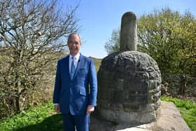 Nigel Farage at the Parbold Bottle statue in West Lancashire (image credit:  Stuart Mitchell)