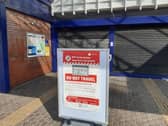 A sign warns travellers there will be no trains today