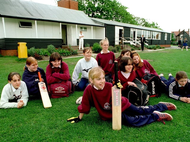 Girls from Montgomery High School, Blackpool, waiting to bat in 1997