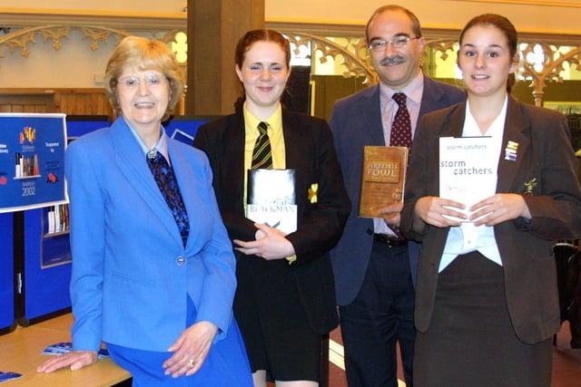 Lancashire Children's Book of the Year Award at University of Central Lancashire. Pictured with winning books (from left to right) Hazel Townson, Emma Hopper of Lytham St Annes High School, Kevin Ellard from UCLan, and Sarah Turner of Baines High School in Poulton