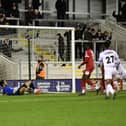 Joe Rowley scores AFC Fylde’s consolation goal against Hereford  Picture: STEVE MCLELLAN