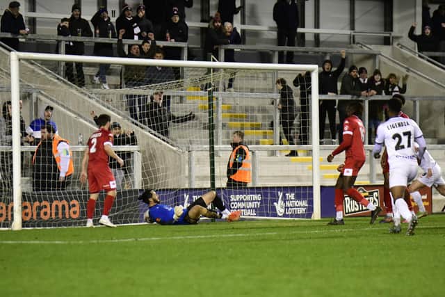 Joe Rowley scores AFC Fylde’s consolation goal against Hereford  Picture: STEVE MCLELLAN