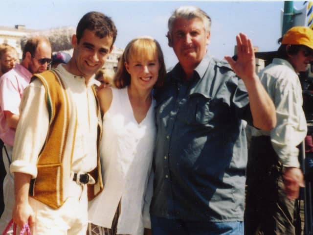 Coronation Street stars Kevin and Sally with local photographer Robert McDougall during filming on North Pier Blackpool in 1994