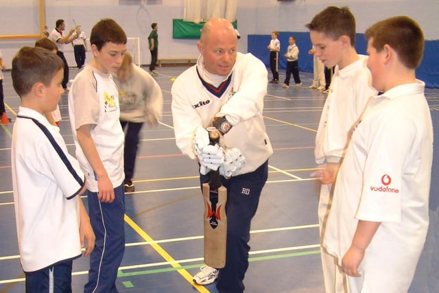 Bobby Denning from Lancashire County Cricket Club gives James Gregson, Tom Fail, Joe Hibberton, and Ben Breakell a lesson. The event was organised by Fleetwood Community Sports Group who provide half-term coaching for kids