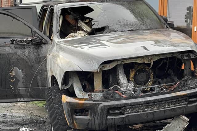The 4x4 was found engulfed in flames at the junction of Squires Gate Lane and the Prom in the early hours of Monday morning (March 2)