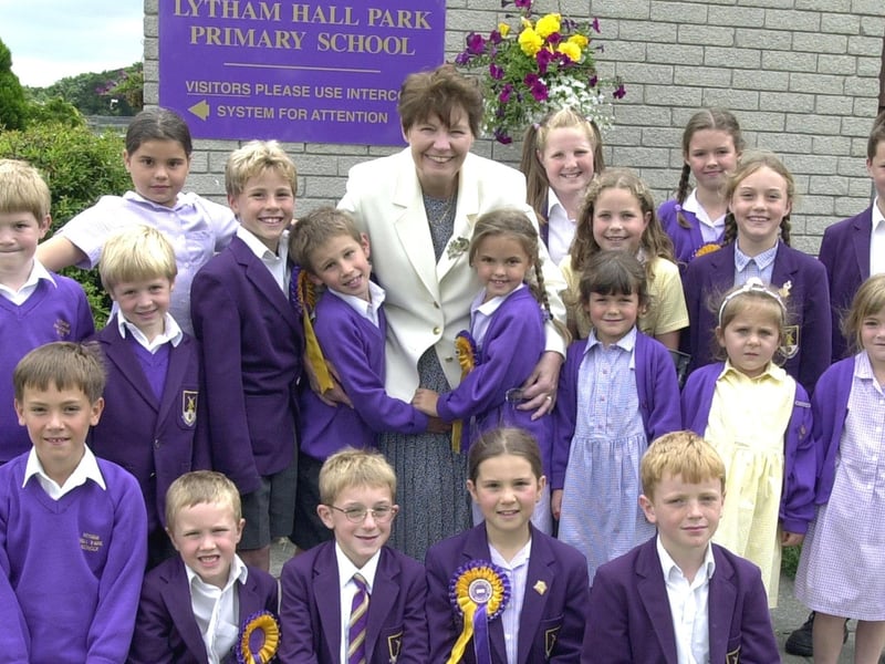 Children From Lytham Hall Primary School Say Goodbye to headteacher Christine Jenkinson in 2001. Pictured back row from left: Lisa Lee, Sam Read, Jordana Singleton, Lewis Cosh. Middle Left: Mike Brown, Andrew Veadon, Mathew Edgar, Alasdair Humphries, Natasha Singleton, Emily Owen, Sophy Smith, Emily Wilson, Georgia Burwood, Kimberley Kirkham. Front: Tim Maguire, Alister Harper, Jack Irving, Lauren Thompson, James Pemberton