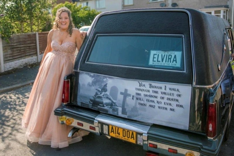 Clareesha Karmass from Saint Bedes Catholic High School, Lytham, arrives in a hearse. Prom held on June, 22 at Ribby Hall Village.