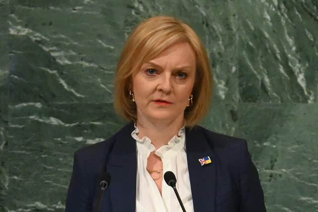 British Prime Minister Liz Truss addresses the 77th session of the United Nations General Assembly at the UN headquarters in New York City.