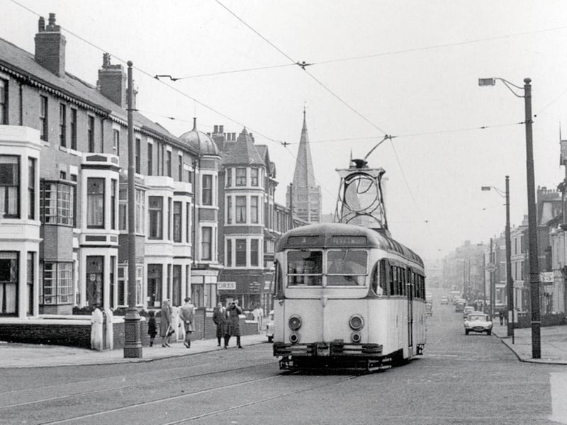Railcoach Nunber 224 makes its way along Dickson Road, bound for Fleetwood on the last day of the route, 27 October 1963