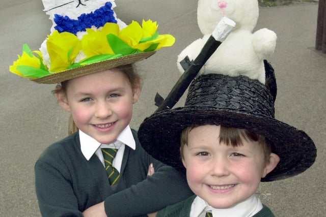 Easter Bonnet competition in 2001 at Shakespeare County Primary School, Fleetwood. Pictured are Bethan Wilson and James Charnley