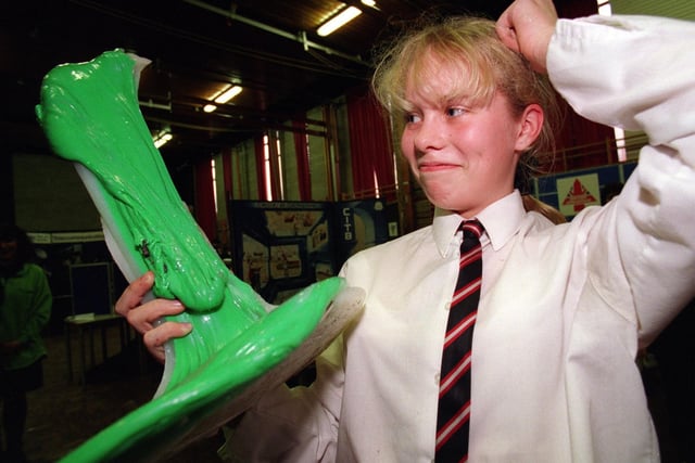 Rachel O'Hara with the by-products from plastic moulding at the Engineering Roadshow's visit to the school in 2006