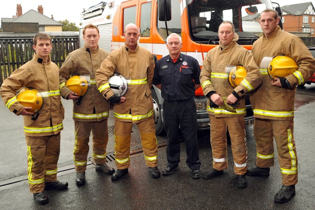 Fire fighters from St Annes fire station who are opposed to fire service cuts in 2009. Pictured (from left): Fire fighter Colm Thornton, fire fighter Paul Kelly, watch manager Steve Boyne, crew manager Ray Bird, crew manager Jim Sheridan and fire fighter Rob Parkinson