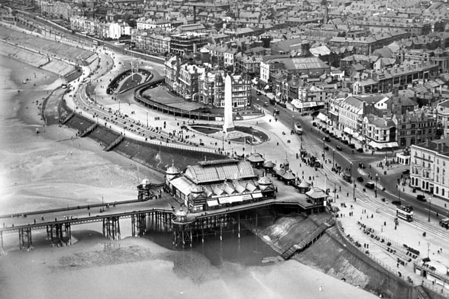 An aerial view of North Pier from the 1940's. The pier was originally 1,410ft in length. The decision to build a jetty outraged most of the original pier board - they thought pleasure boats would attract rough trade to the genteel pier and even chiselled the name of the man who suggested it off the foundations in protest