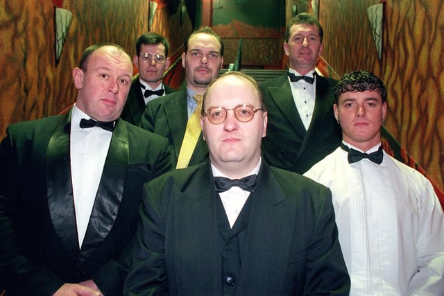 Probably the Fylde's most intellectual 'bouncers', the doormen at Blackpool's Heaven and Hell club boasted a trainee barrister, doctor and engineer.
Pic L-R: Bill Etherington, Andrew Maund, Chris Lee, Ian Randall, Stephen Swallow and Peter Clark