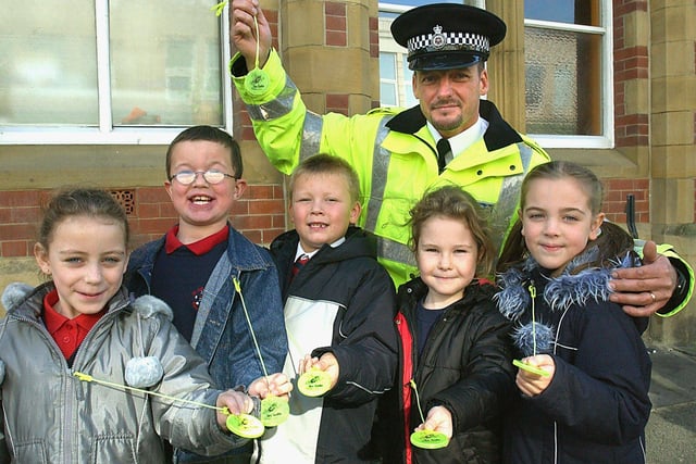 Children's road safety campaign at St Johns CE Primary School, Blackpool. Sgt Dave Prytherch (Community Beat Manager) with Nikola Carson, Daniel McWhirr, Kieron Danson, Molly Hirst and Emily Shea