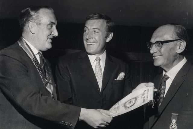 Val Doonican in September 1969. He was appearing at the summer show at the Opera House and was a guest speaker at St Annes Rotary luncheon. Pictured from left Mr J H Dickinson (president), Val and Mr Jack Rose (past-president)