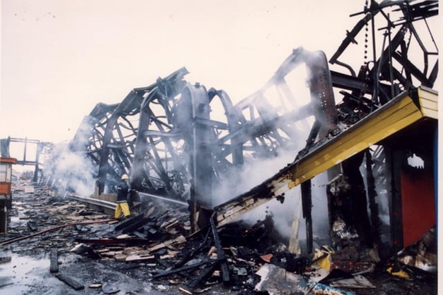 This was the remains of the Fun House at Blackpool Pleasure Beach after a fire which devastated the attraction in November 1991