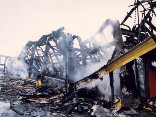 This was the remains of the Fun House at Blackpool Pleasure Beach after a fire which devastated the attraction in November 1991