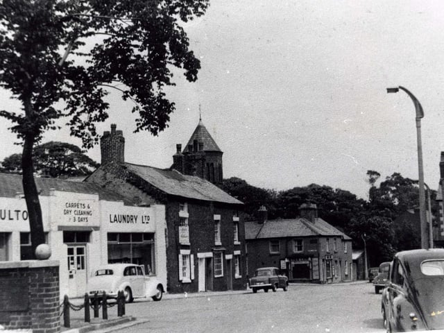 Queens Square looking towards Chapel Street and Higher Green in the 1950s. Methodist Church spire is visible in the centre