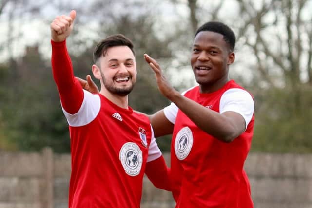 Ryan Riley (left) was one of Squires Gate's scorers from the spot Picture: Ian Moore