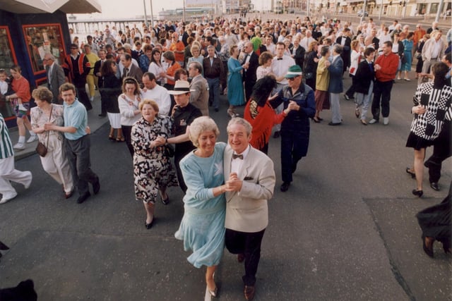Pat and Ken Rayner led 200 Dancers quickstepping along the Golden Mile for Charity in 1992