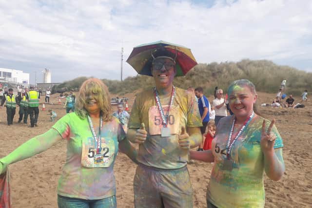 Fun at Blackpool Colour Run 2023 - Maggie Peters, Josh Bannister and Bekki Peters