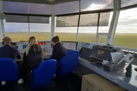 The air traffic control tower at Blackpool Airport