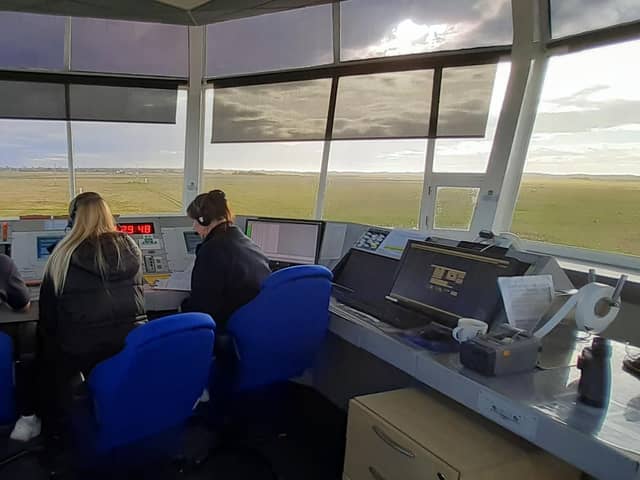 The air traffic control tower at Blackpool Airport