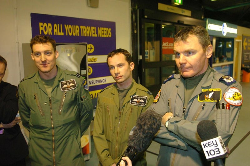 Crew members of an RAF Rescue Helicopter arrive at Blackpool Airport to help in the mission. L-R are Flight Lt Lee Turner, Flight Lt Giles Radcliffe and Master Aircrew Officer Richard Taylor who was the winchman lowered onto the vessel to rescue crew and passengers