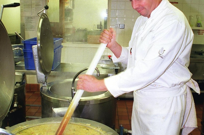 Feature on catering at the Victoria Hospital in Blackpool, including Oliver's Restaurant. Pic shows Assistant Head Chef Ian Gaukroger rustling up 40 gallons of soup of the day