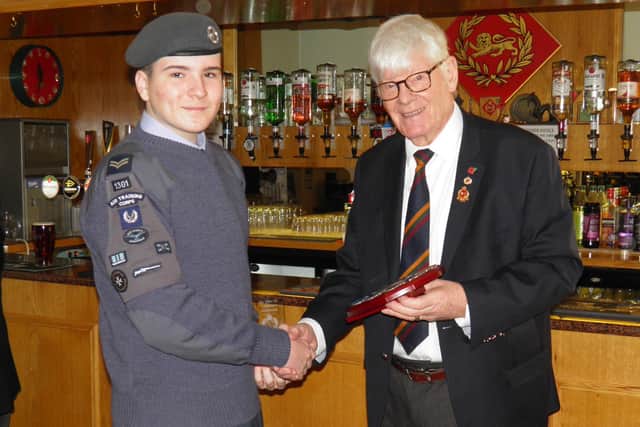 Norman Gallagher, president of the Duke of Lancaster's Regiment Association, with Corporal Kaydon Harwood of Fleetwood Air Forces  Cadets.