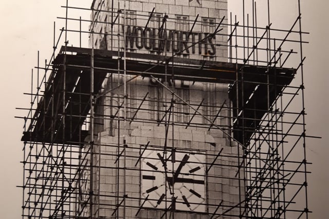 This was in 1979 and scaffolding shrouded the famous clock tower. Work was being carried out to the title facing of Woolworths. Work was also underway to create a new shop frontage on Bank Hey Street
