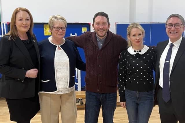 Jon Richardson and Lucy Beaumont with South Shore Academy head of school, executive head teacher Ruth Coupe and John Stevens , CEO of Bright Futures Trust.
