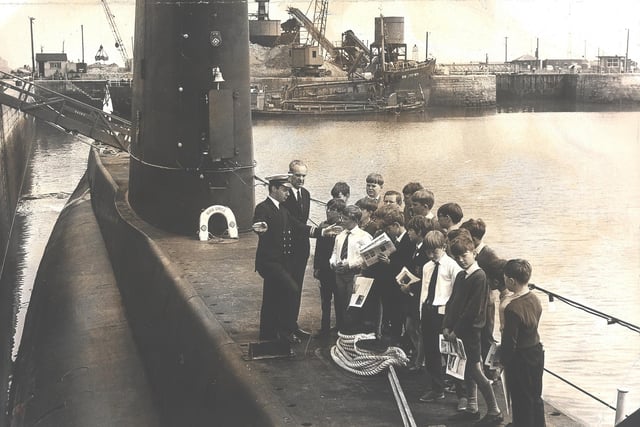 Youngsters from Chaucer School, Fleetwood, on board the submarine HMS Onyx in Wyre Dock, 1969